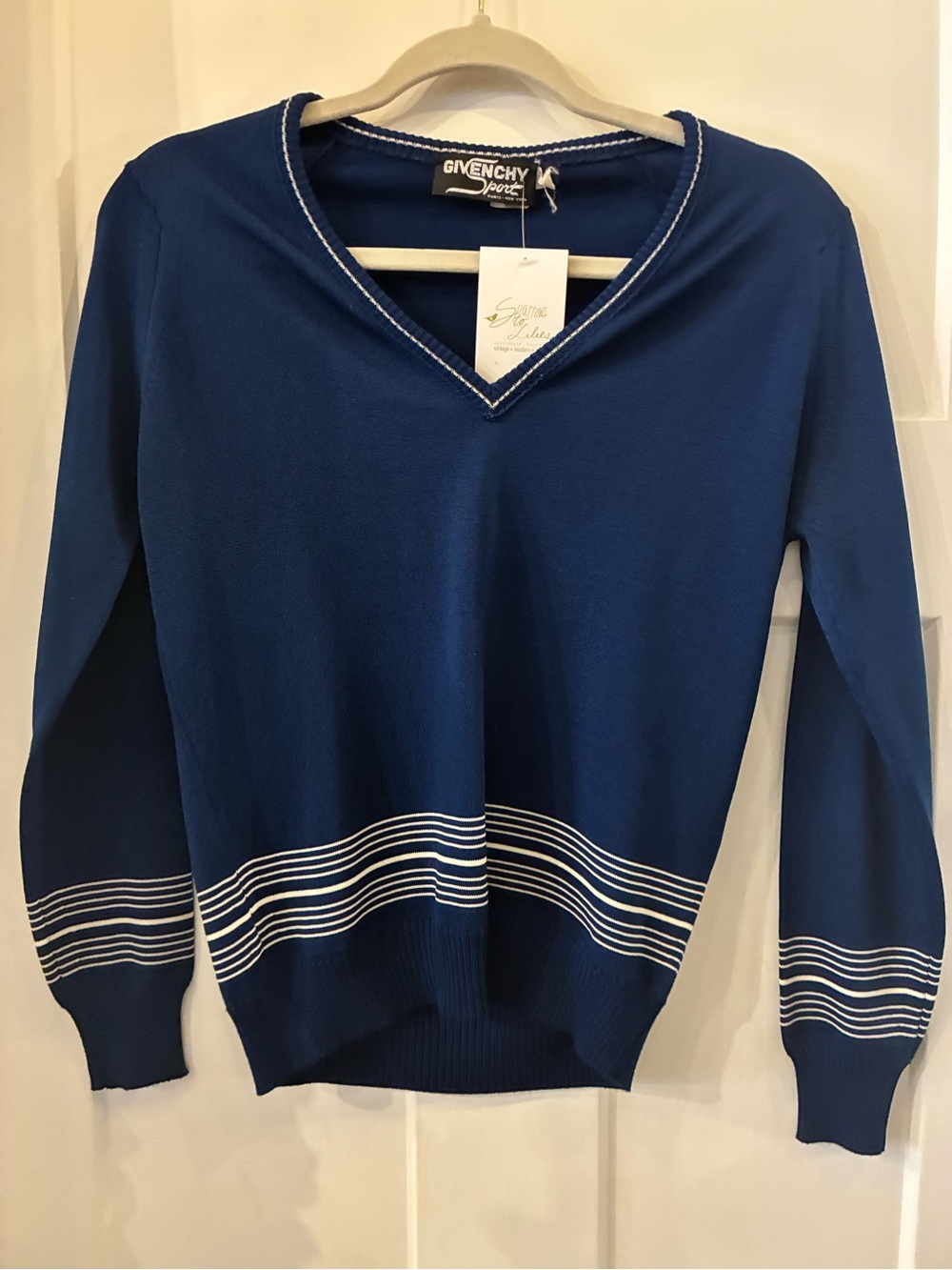 Givenchy Women's Blue V-Neck Sweater with White Stripe Detail